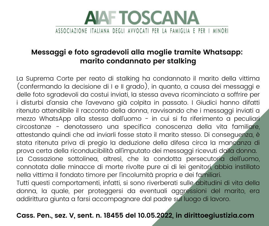 Messaggi e foto sgradevoli alla moglie tramite Whatsapp:  marito condannato per stalking